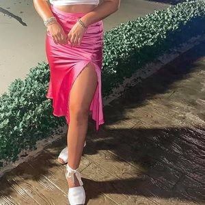 Pink Satin MIDI Skirt